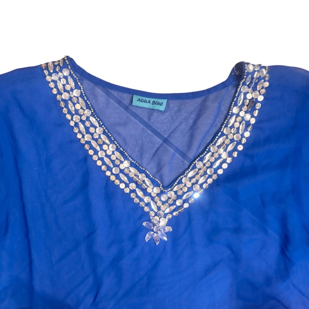 AQUA BLUE SHEER RHINESTONE swimsuit coverup women’s size Large - Picture 3 of 8